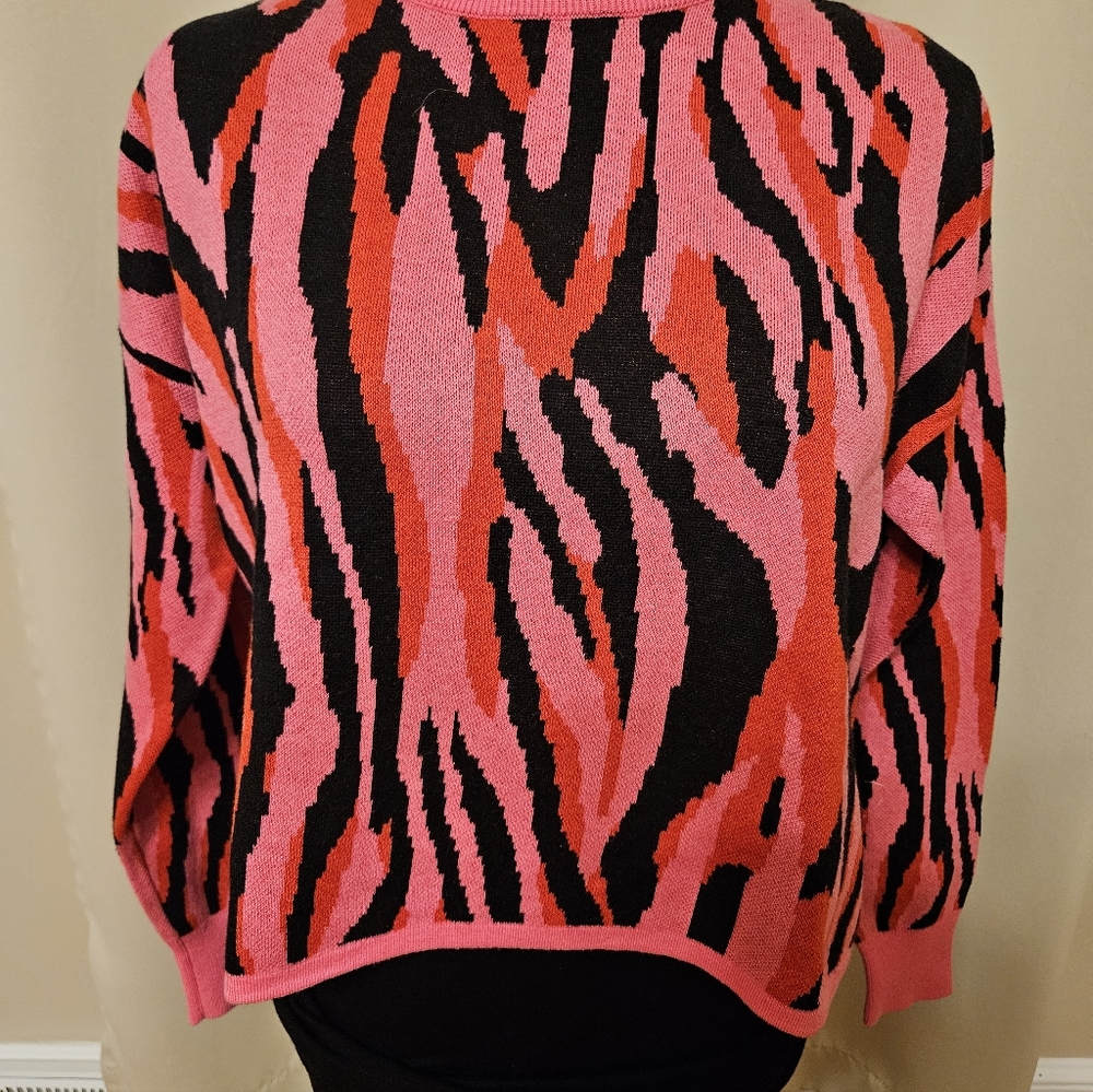 Bar III Vibrant Pink and Black Patterned Sweater Size XS
